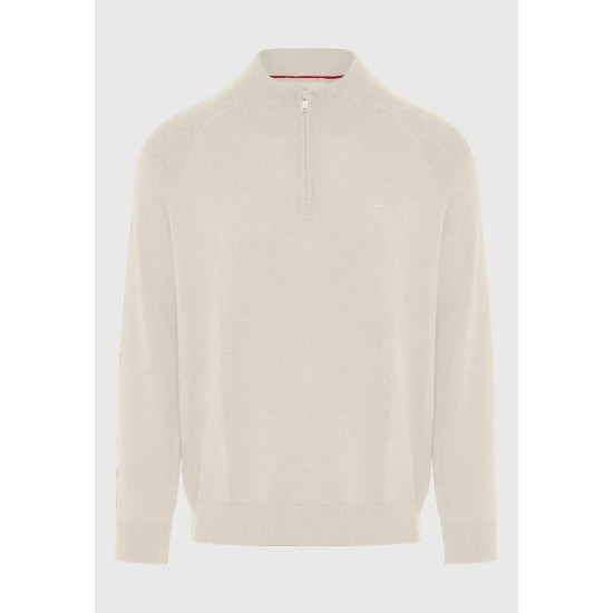 FUNKY BUDDHA FBM012-003-09 IVORY MEL Πλεκτό πουλόβερ με φερμουάρ στο λαιμό
