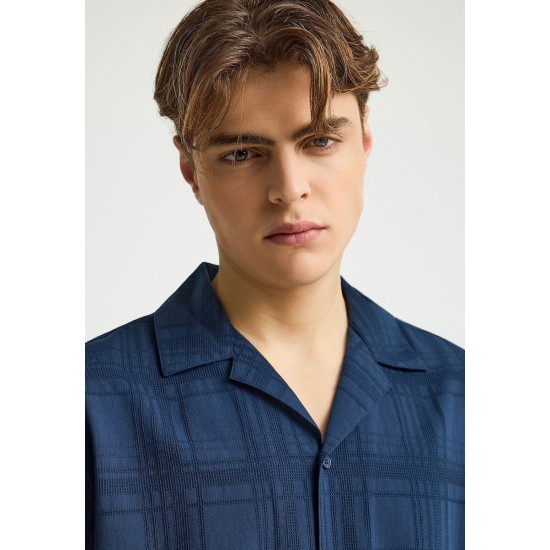 FUNKY BUDDHA FBM013-027-05 NAVY κοντομάνικο πουκάμισο από βαμβάκι