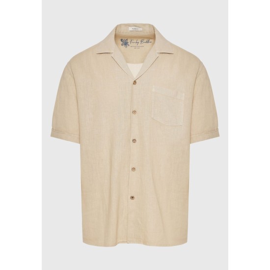 FUNKY BUDDHA FBM011-049-05 SAND Κοντομάνικο Λινό Πουκάμισο σε Φαρδιά Γραμμή 