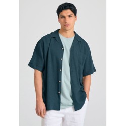 FUNKY BUDDHA FBM011-049-05 DK TEAL Κοντομάνικο Λινό Πουκάμισο σε Φαρδιά Γραμμή 