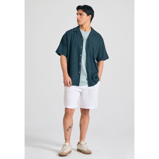 FUNKY BUDDHA FBM011-049-05 DK TEAL Κοντομάνικο Λινό Πουκάμισο σε Φαρδιά Γραμμή 