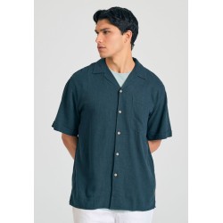 FUNKY BUDDHA FBM011-049-05 DK TEAL Κοντομάνικο Λινό Πουκάμισο σε Φαρδιά Γραμμή 