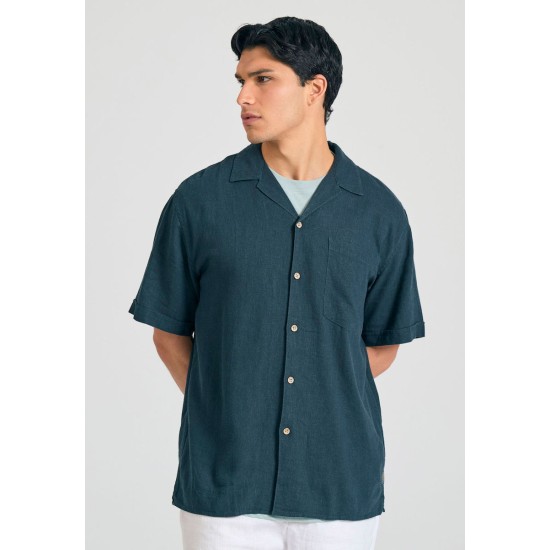 FUNKY BUDDHA FBM011-049-05 DK TEAL Κοντομάνικο Λινό Πουκάμισο σε Φαρδιά Γραμμή 