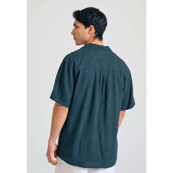 FUNKY BUDDHA FBM011-049-05 DK TEAL Κοντομάνικο Λινό Πουκάμισο σε Φαρδιά Γραμμή 
