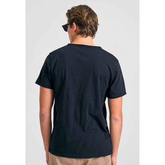 FUNKY BUDDHA FBM011-004-04 BLACK T-shirt με λαιμό henley και raw cuts