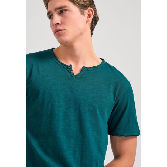 FUNKY BUDDHA FBM011-004-04 DARK SEA T-shirt με λαιμό henley και raw cuts