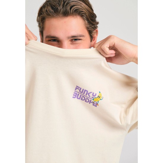 FUNKY BUDDHA FBM011-052-04 CHALK Oversized t-shirt με graphic τύπωμα στην πλάτη