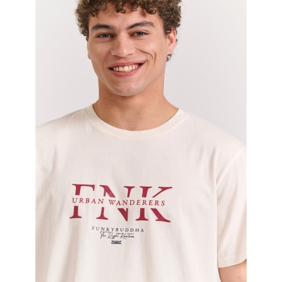 FUNKY BUDDHA FBM011-017-04 OFF WHITE T-shirt με τύπωμα στο στήθος