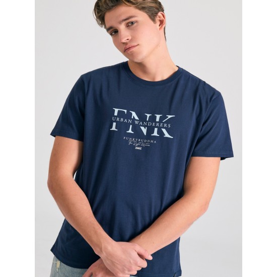 FUNKY BUDDHA FBM011-017-04 NAVY T-shirt με τύπωμα στο στήθος